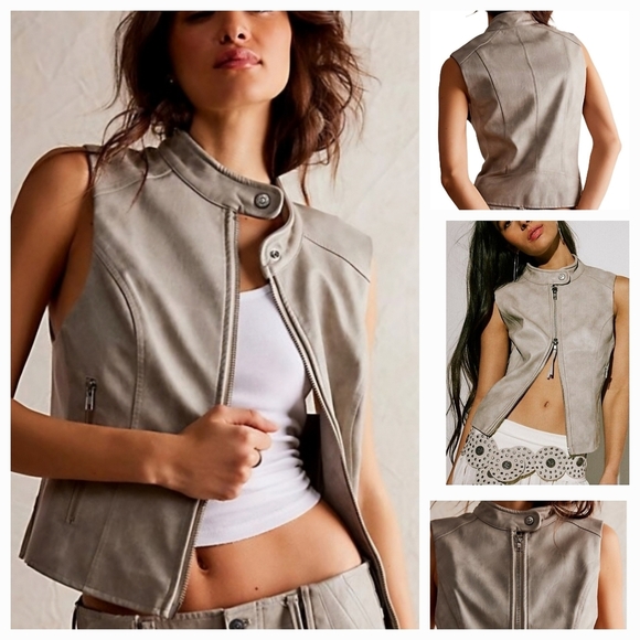 Free People We The Free vegan leather modern boho moto vest gray Size L NEW - Picture 1 of 11